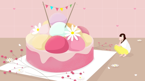 简约清新粉色原创早安你好甜品蛋糕插画