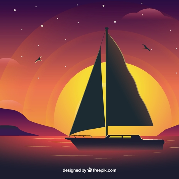 落日背景下的帆船