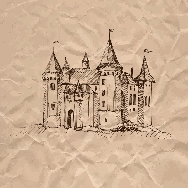 牛皮纸上手绘城堡插画
