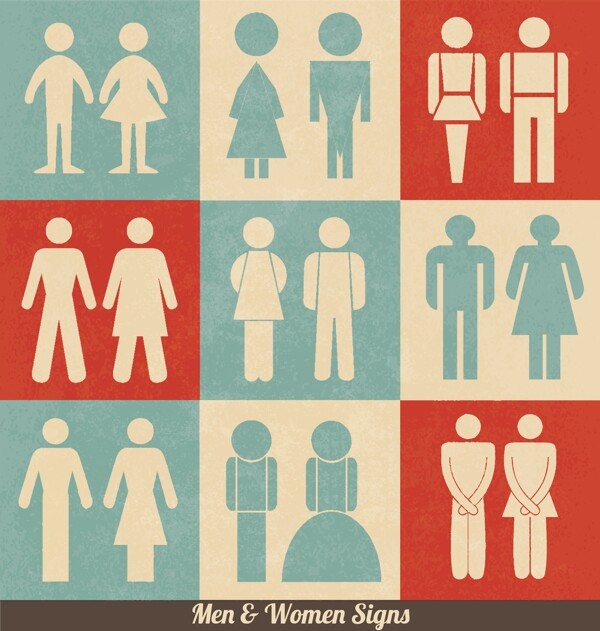 男性和女性的迹象复古的设计WC洗手间标志图标厕所象形图