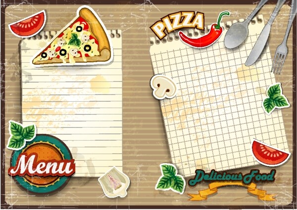 纸张餐具和披萨插画