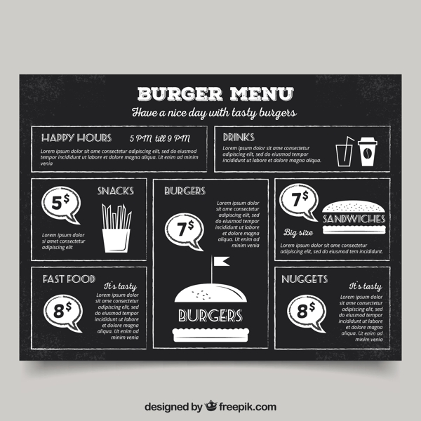黑板上的老式汉堡菜单