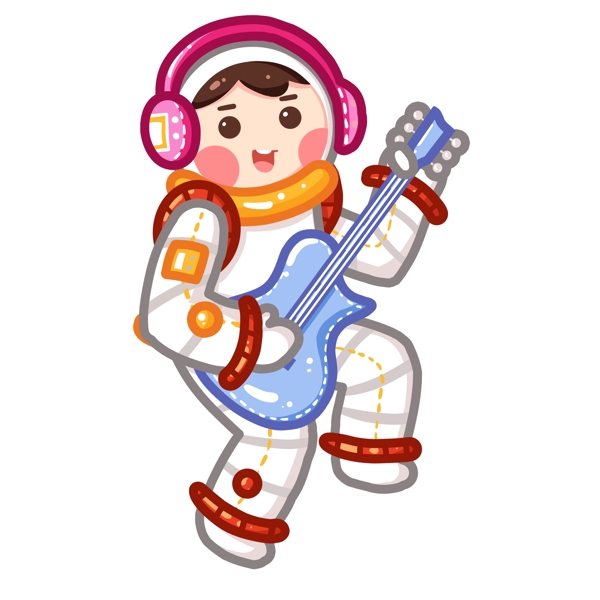 手绘可爱穿着太空服弹吉他的男孩
