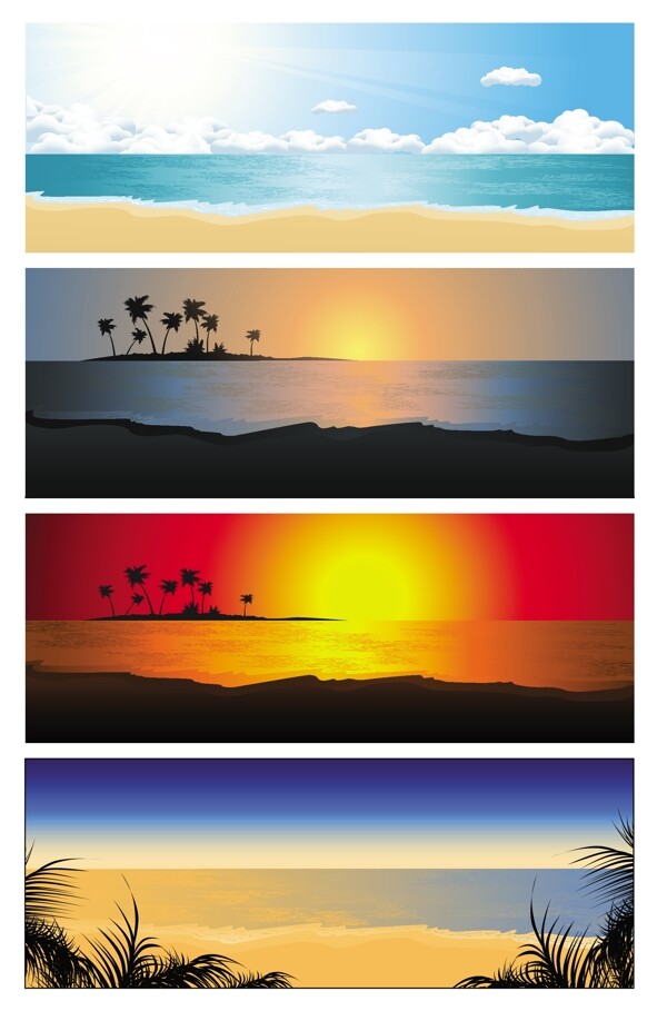 4个热带海滩日落向量的旗帜