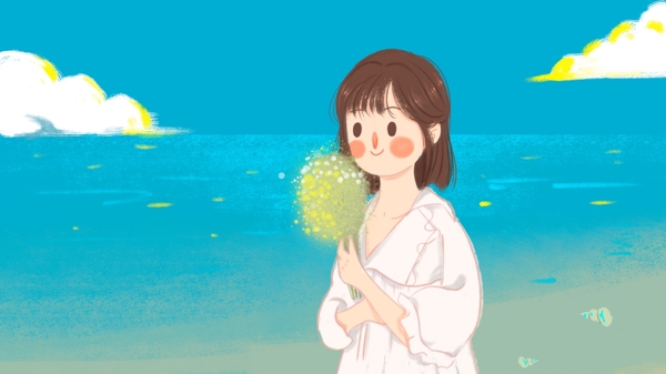 夏天海边女孩旅游插画