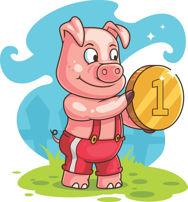 卡通拿金币的猪