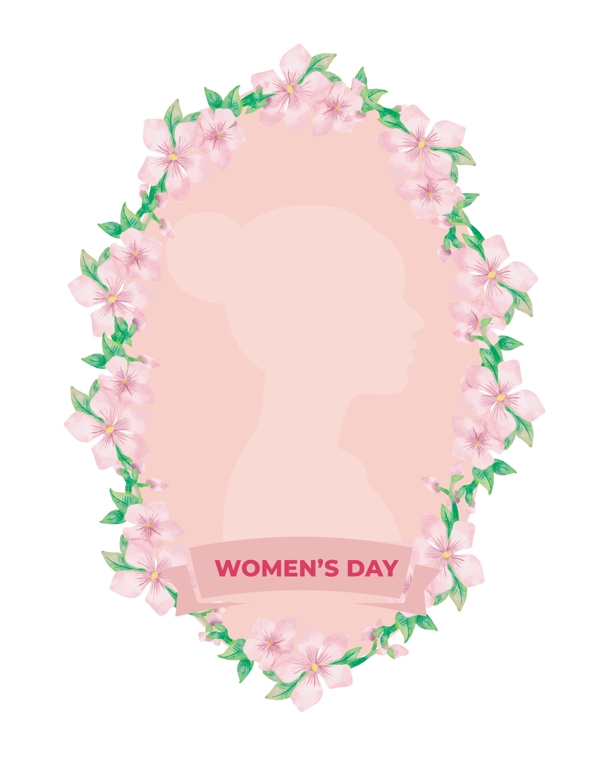 三八妇女节可爱花朵女性剪影粉色免抠椭圆边框