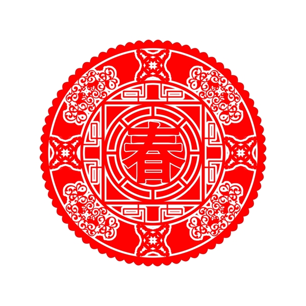 中国风元素红色创意春字圆形剪纸窗花