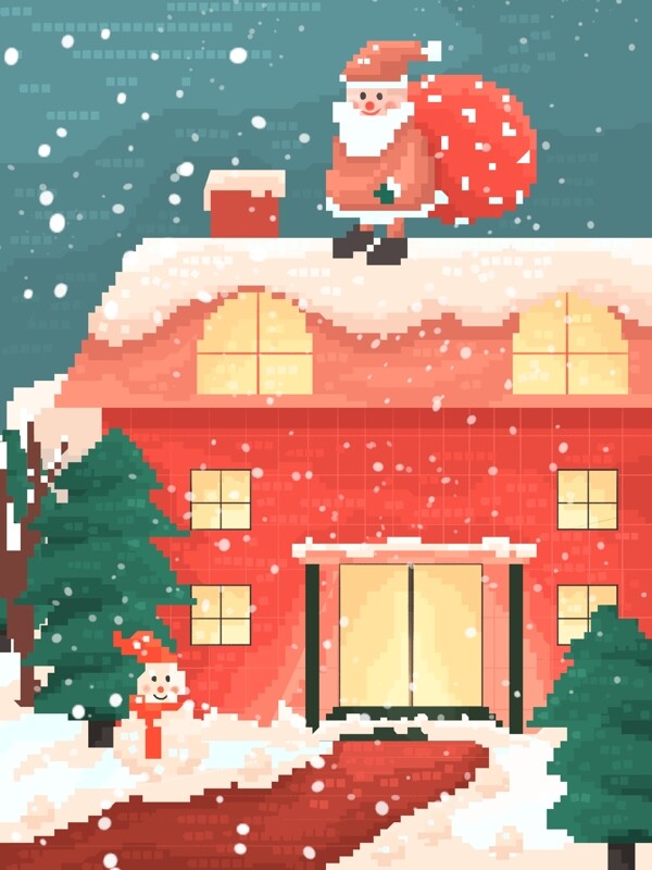 圣诞节80复古像素风雪天房顶上的圣诞老人