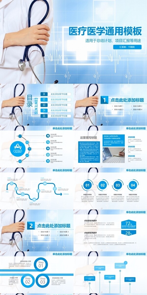 蓝色简约多图表医疗医学计划总结PPT模板