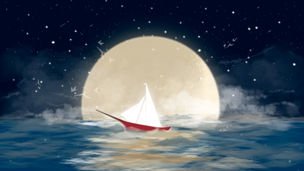 皓月当空大海中航行的帆船