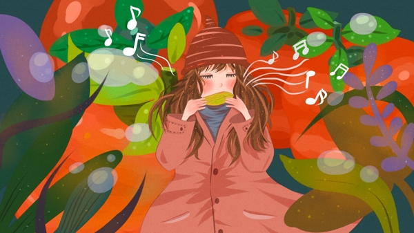 寒露坐在柿子与露珠里吹树叶的女孩清新插画