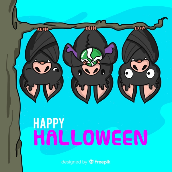 卡通万圣节倒挂的3个蝙蝠