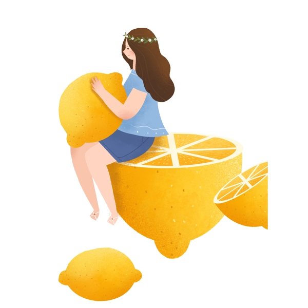 手绘坐在柠檬上的精灵女孩