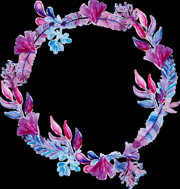 浪漫紫色花朵手绘花环装饰元素