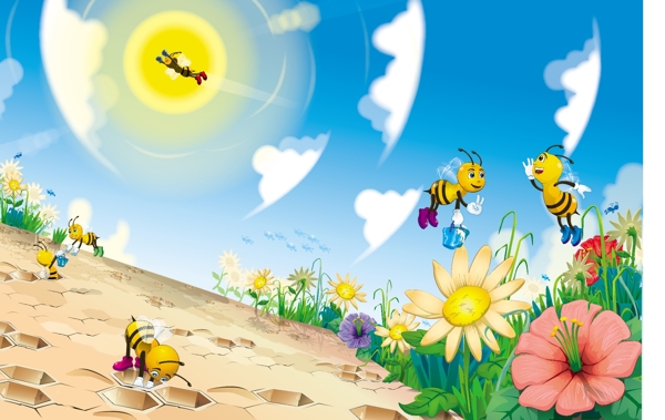 卡通蜜蜂动漫场景矢量素材