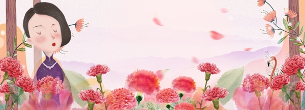 粉色手绘母亲节浪漫花卉人物背景