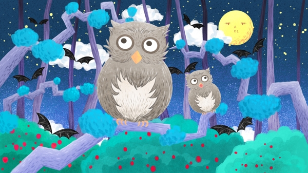 山物记插画晚安你好月下林中的猫头鹰