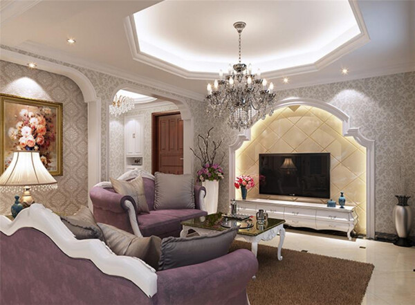 简欧客厅浪漫紫色沙发效果图