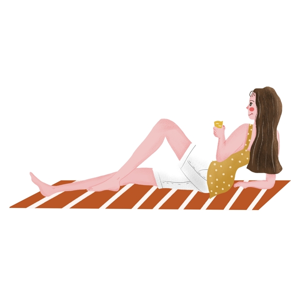 卡通手绘躺着沙滩上的女孩人物设计