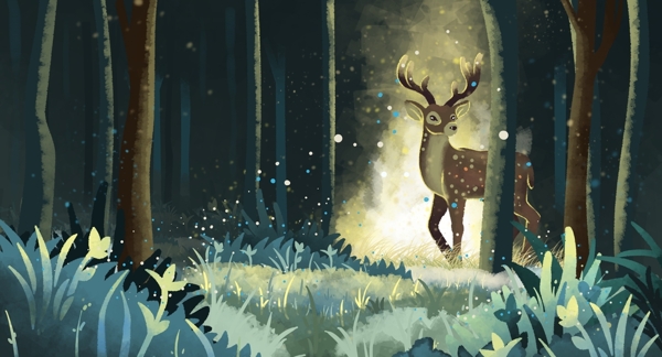 森林小鹿清新插画背景海报素材图片