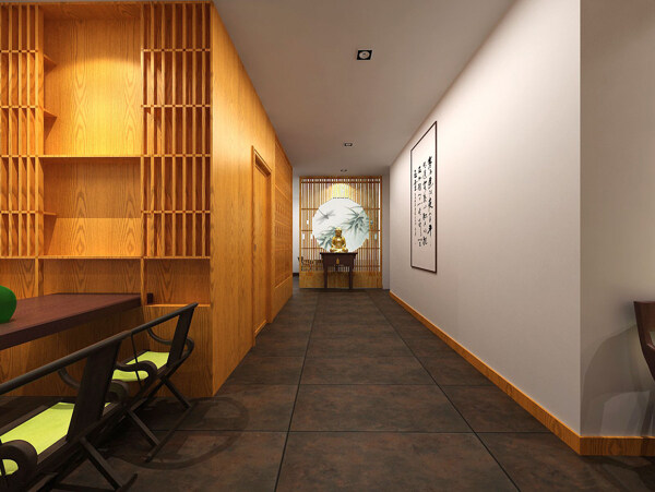中式办公室纯色背景墙工装装修效果图