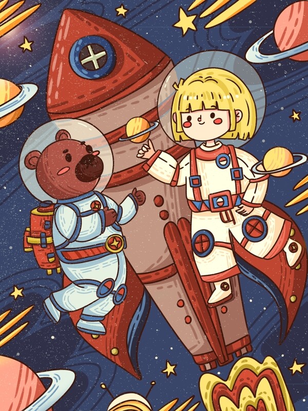 创意卡通国际航天日飞上太空航行的宇航和熊