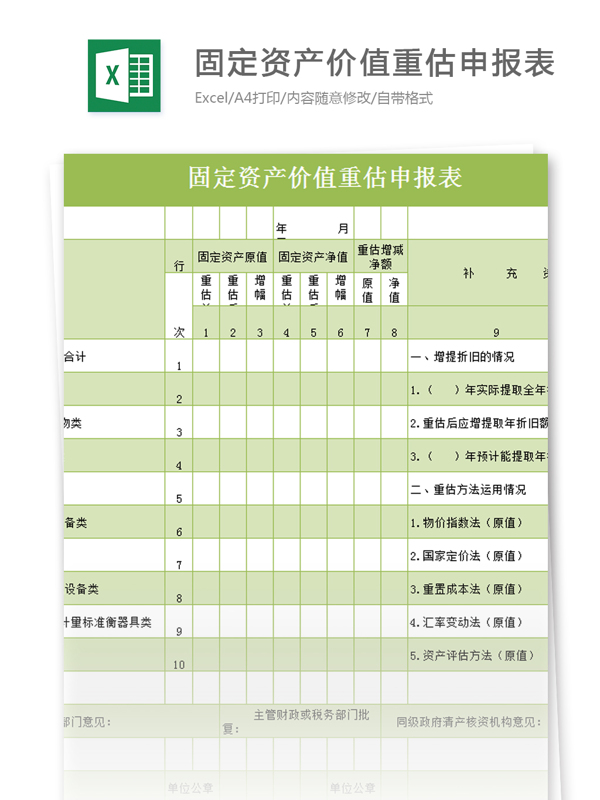 固定资产价值重估申报表excel模板