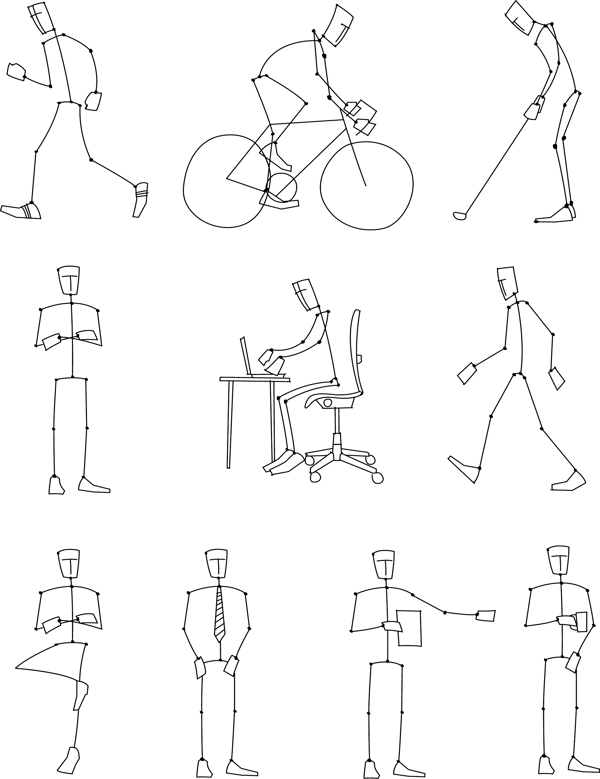 简单线条绘画的人动作图矢量素材eps格式矢量火柴人人物动作跑步办公走路高尔夫汽自行车站立矢量素材