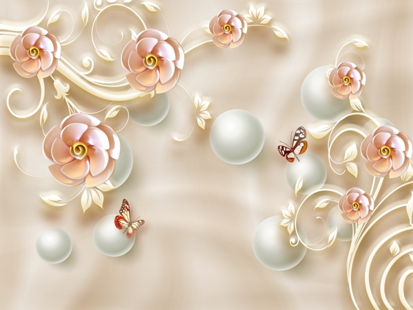 3D现代简约时尚浮雕珠宝花朵丝绸背景墙