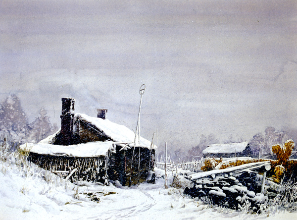 乡村的冬天风景油画写生