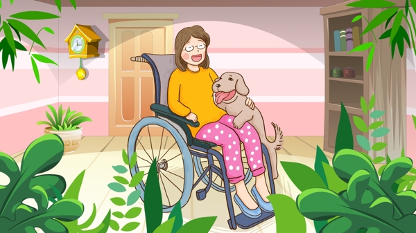 国际残疾人日轮椅女孩和狗手绘原创插画