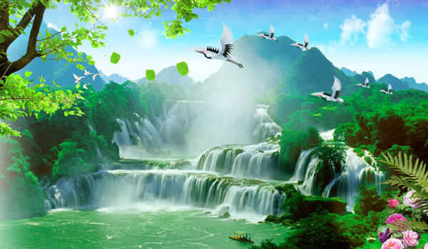 3D山水瀑布壁画风景背景图