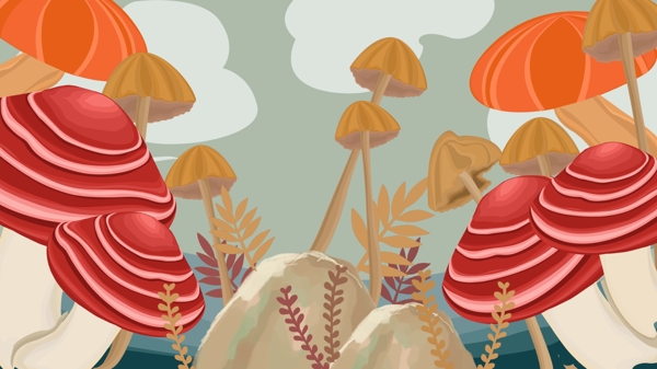 手绘卡通草地蘑菇插画背景设计