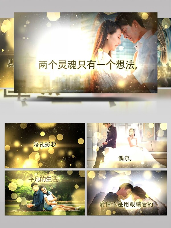 梦幻黄金色粒子背景制作婚礼相册AE模板