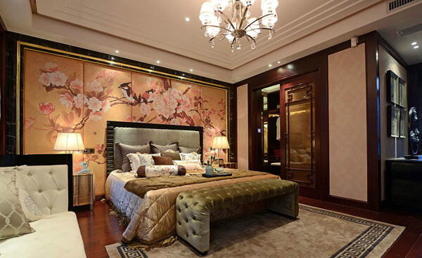 现代文艺清雅杏色墙面彩绘客厅室内装修图