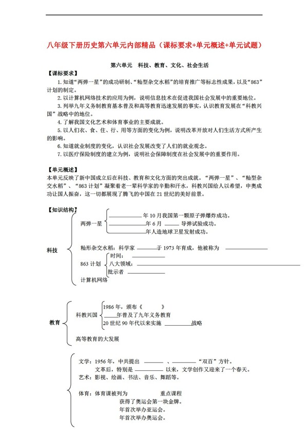 八年级下册历史八年级下册第六单元内部精品