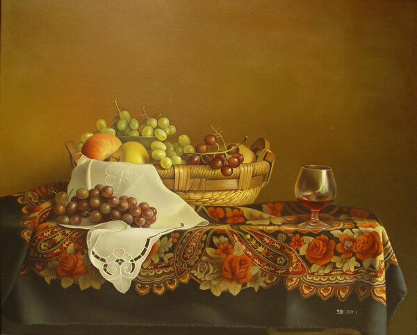 水果红酒油画图片