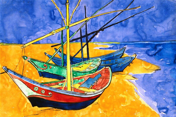欧式复古蓝色船只小船油画无框画
