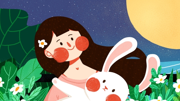 十一月你好少女抱兔子可爱简约扁平原创插画