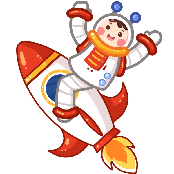 手绘乘坐火箭的太空男孩