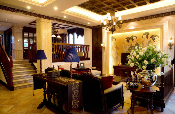 中式典雅客厅深色家具室内装修效果图