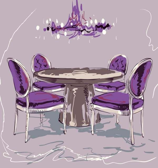 手绘紫色家具餐桌插画