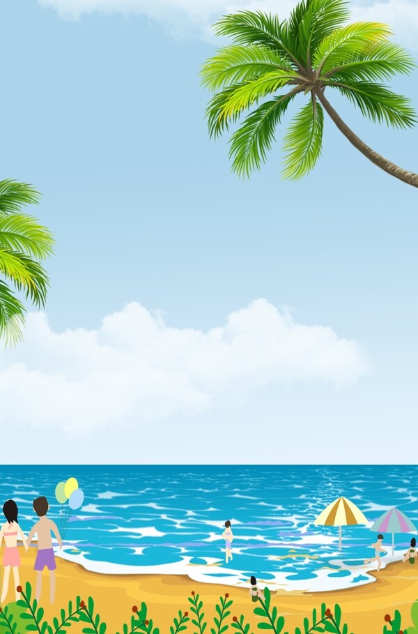 蓝色夏季游泳美丽海岛卡通广告背景