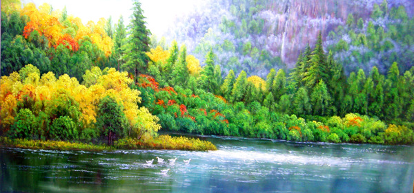 油画湖泊树木风景图片