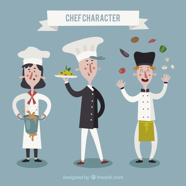 手绘扁平风格三个厨师角色插图