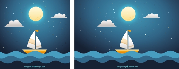 夜的背景与海满月和船