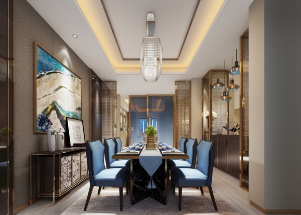 新中式餐厅效果图3D模型
