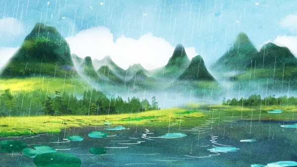 手绘夏季清山绿水背景设计