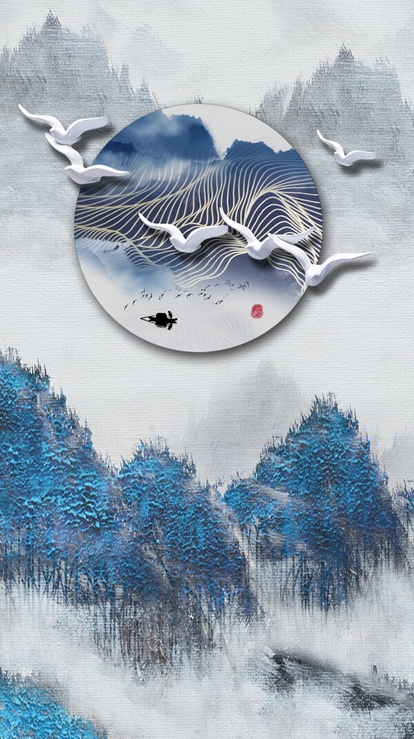 中式抽象山水立体飞鸟玄关装饰画